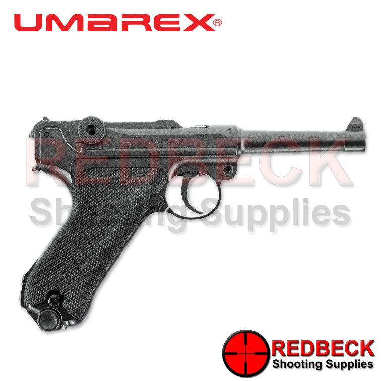 Umarex Legends P08 Right Side View Showing the iron sights. 