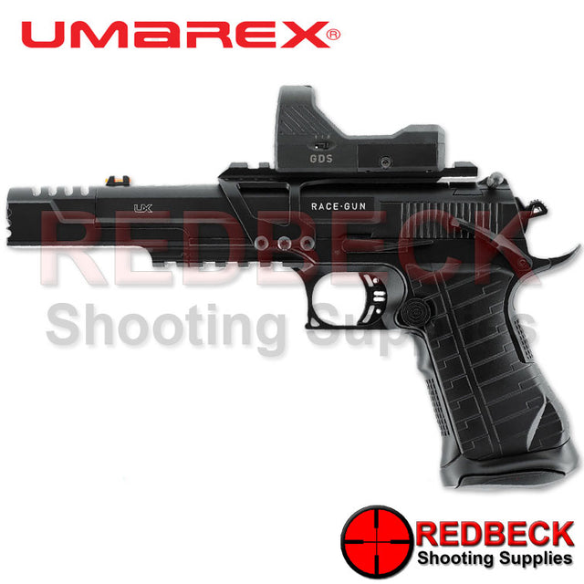 Umarex Racegun Left Side View showing the fibre optic iron sights. 