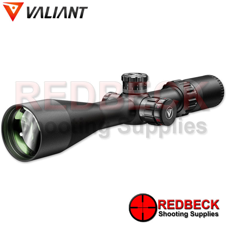Valiant Optics Air Rifle and Rifle LYNX 4-16X50 MIL DOT Front View Showing The Lens And The Turret For The Illuminated Reticle. 