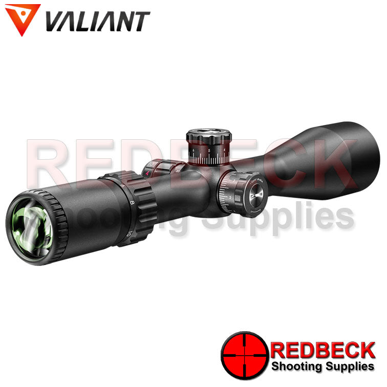 Valiant Optics Air Rifle and Rifle LYNX 4-16X50 MIL DOT Rear View Showing The Exposed Turrets And Magnification Wheel. 