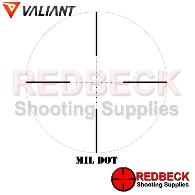 Valiant Optics Air Rifle and Rifle MIL DOT Reticle Showing The Overall View Of The Reticle. 