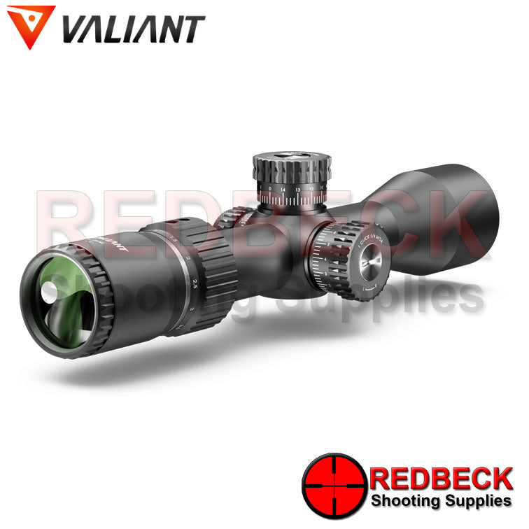 Valiant Optics Air Rifle and Rifle Themys 3-12x42 SF Compact Rear View Showing The Exposed Turrets And The Magnification Wheel. 