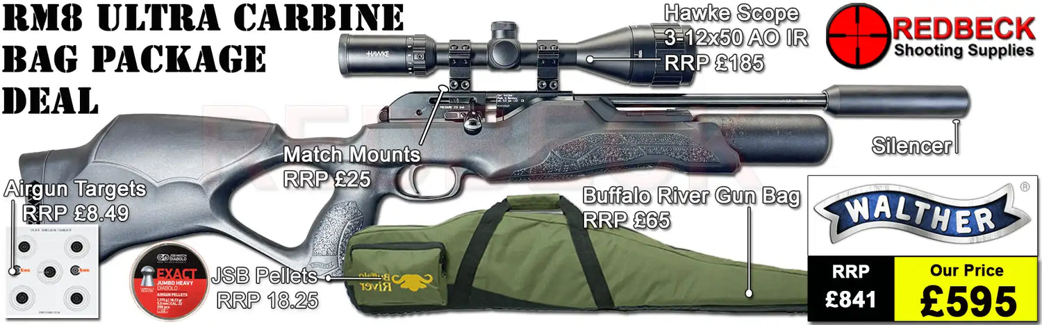 Walther RM8 UC Ultra Compact Carbine Air Rifle Bag Package Deal. The Package shown includes the airgun, silencer, Hawke 3-12x50 AO IR Scope, mathc mounts, bag, pellets and targets.
