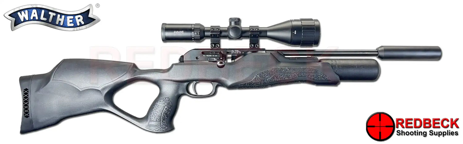 Walther RM8 UC Ultra Compact Carbine Air rifle. This short compact airgun has a black tactical thumbhole stock and comes with a silencer.