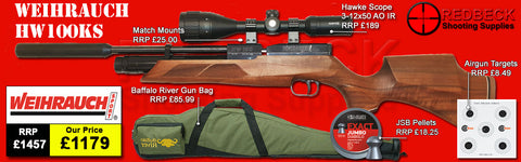 Weihrauch HW100KS Combo deal. The HW100KS Carbine Sporter Walnut Stock airrifle bag package deal comes with Hawke Scope, mounts, bag, pellets and targets.