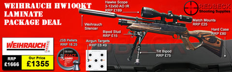 Weihrauch HW100KT Laminate Air rifle package deal includes hw100kt laminate airgun, hawwke 3-12x50 scope match mounts bipod stud, bipod and hard case plus pellets and targets