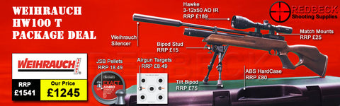 Weihrauch HW100T Air rifle package deal includes hw100t airgun, hawwke 3-12x50 scope match mounts bipod stud, bipod and hard case, pellets and targets