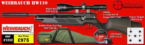 HW110 Black full length package deal including Hawke 3-12x50 AO IR scope, mounts, bag, JSB pellets and targets