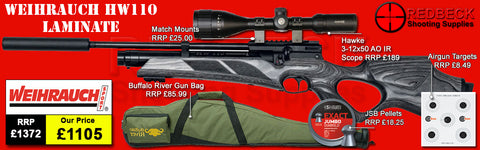 Weihrauch HW110 laminate full length package deal including Hawke 3-12x50 AO IR scope, mounts, bag, JSB pellets and targets