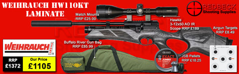 Weihrauch HW110 laminate carbine package deal including Hawke 3-12x50 AO IR scope, mounts, bag, JSB pellets and targets