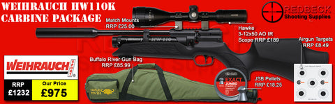Weihrauch HW110 black carbine package deal including Hawke 3-12x50 AO IR scope, mounts, bag, JSB pellets and targets