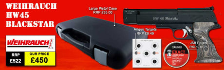 WEIHRAUCH HW45 BLACK STAR AIR PISTOL PACKAGE DEAL COMES WITH PELLETS TARGETS HARDCASE AND THE HW 45 BLACK STAR PISTOL