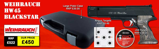 WEIHRAUCH HW45 BLACK STAR AIR PISTOL PACKAGE DEAL COMES WITH PELLETS TARGETS HARDCASE AND THE HW 45 BLACK STAR PISTOL