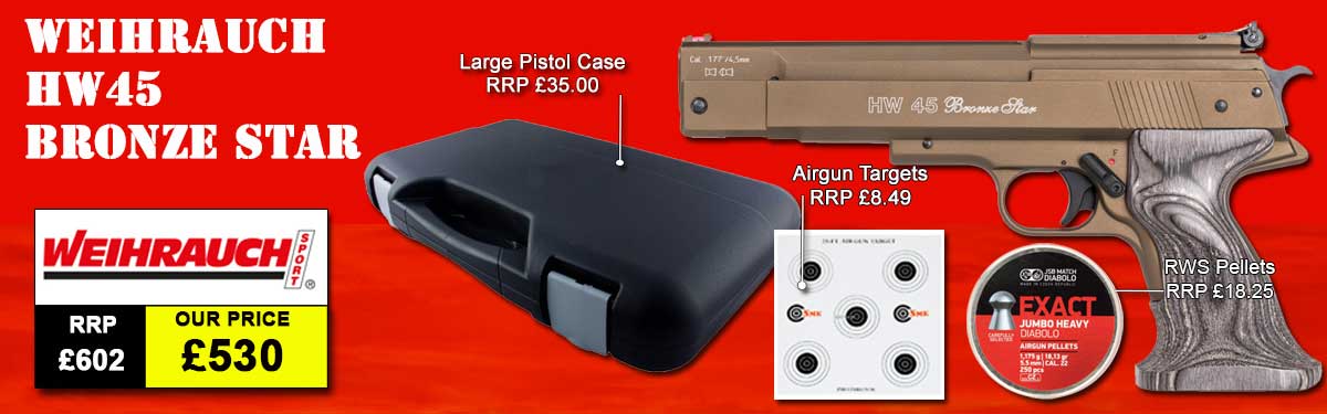 WEIHRAUCH HW45 BRONZE STAR AIR PISTOL PACKAGE DEAL SHOWING THE HARDCASE AND INCLUDED PELLETS