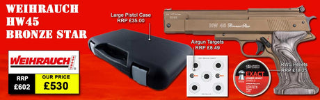 WEIHRAUCH HW45 BRONZE STAR AIR PISTOL PACKAGE DEAL SHOWING THE HARDCASE AND INCLUDED PELLETS