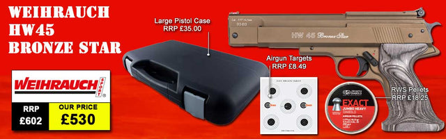WEIHRAUCH HW45 BRONZE STAR AIR PISTOL PACKAGE DEAL SHOWING THE HARDCASE AND INCLUDED PELLETS