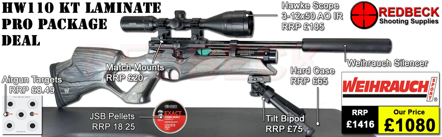 Weihrauch HW110 KT Carbine Laminate Thumbhole Stock Pro Package Deal includes HW110 KT Laminate air rifle, Hawke 3-12x50 AO IR scope, match mounts, weaver bipod, weihrauch silencer hardcase, pellets and targets.