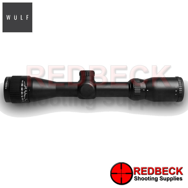 WULF Fireball 2-7x32 Rifle Scope Top View showing the turrets and the magnification wheel.