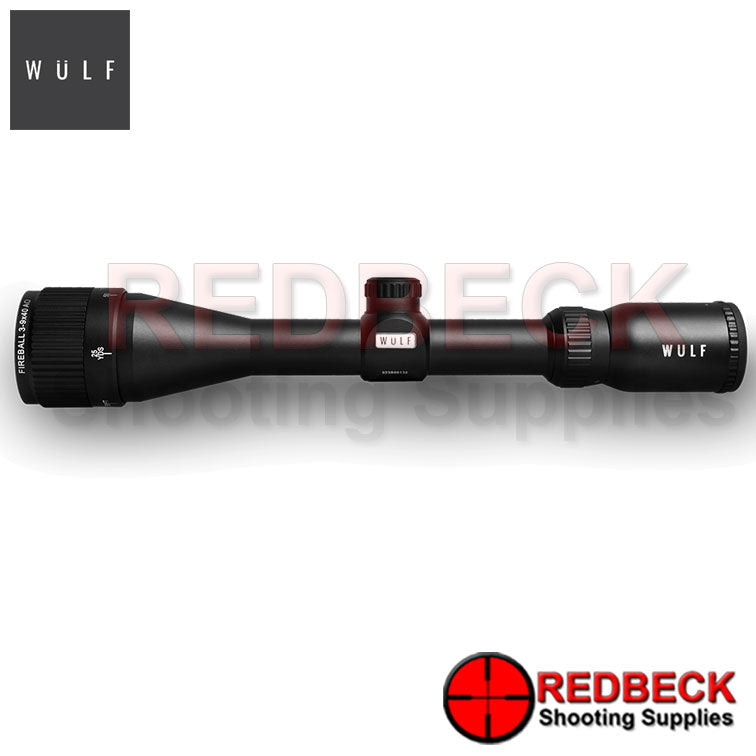 WULF Fireball 3-9x40 Rifle Scope Side View showing the wulf logo and the eye focus wheel. 