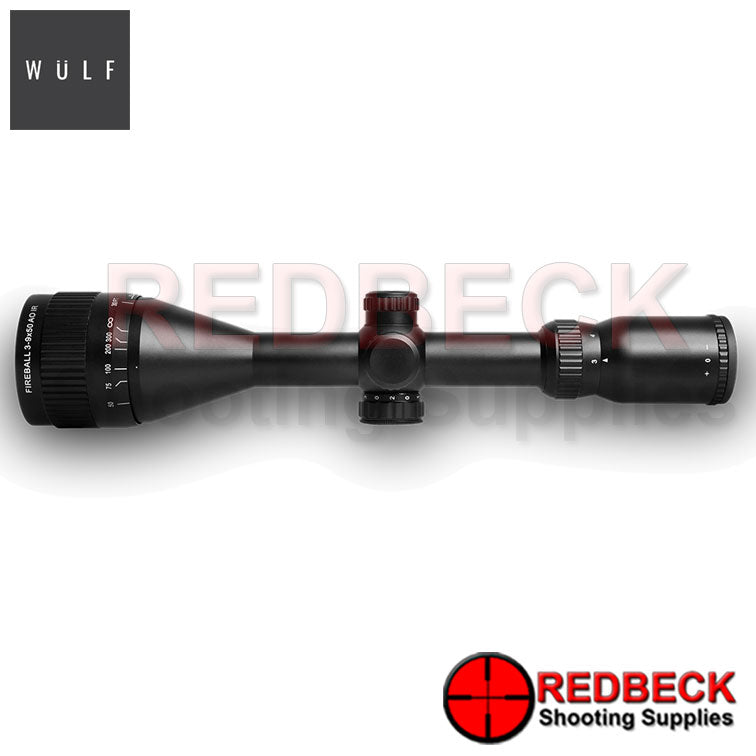WULF Fireball 3-9x50 Rifle Scope Top View showing the turrets and the magnification wheel. 