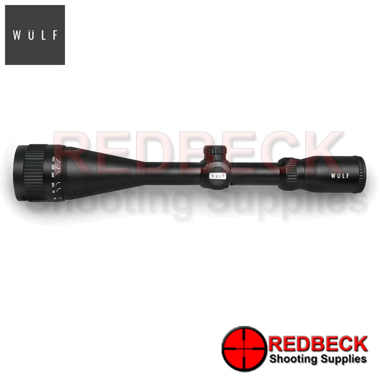 WULF Fireball LR 4-16x50 Rifle Scope Side View showing the wulf logo and the front focus wheel. 