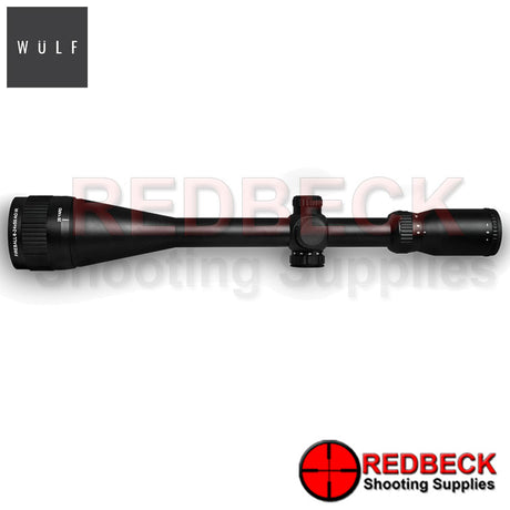 WULF Fireball LR 6-24x50 Rifle Scope Top View showing the magnification wheel and the turrets. 