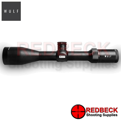 WULF Hurricane 4.5-18x50 Rifle Scope Side View showing the wulf logo and the magnification wheel. 
