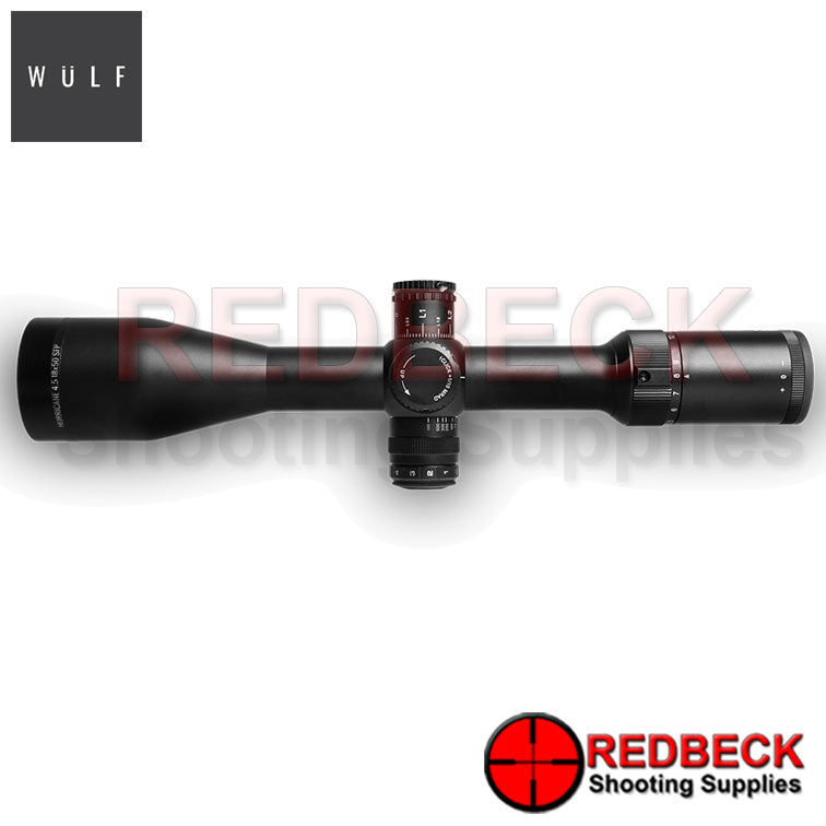 WULF Hurricane 4.5-18x50 Rifle Scope Top View showing the turrets. 