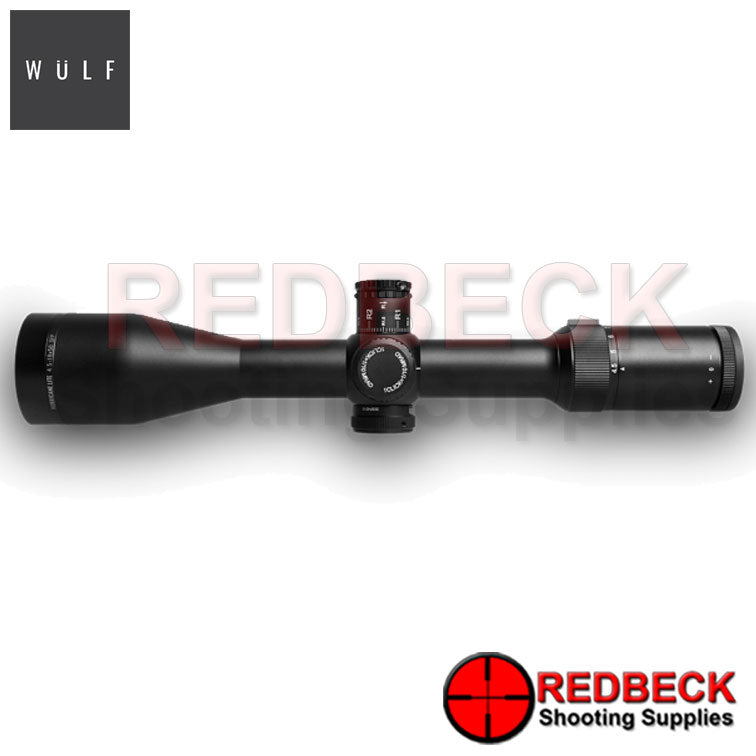 WULF Hurricane Lite 4.5-18x50 Rifle Scope Top View showing the turrets and the magnification wheel. 