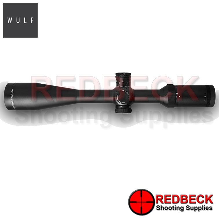 WULF Lightning 7-25x44 Rifle Scope Top View showing the turrets and the magnification wheel. 