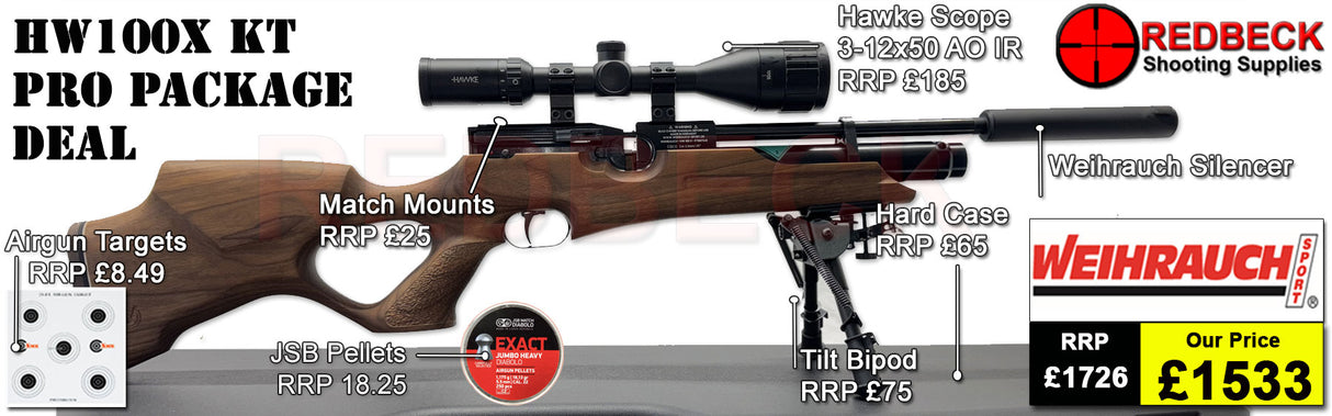 Weihrauch HW100X KT Walnut Bag Package includes

Fully tested certificated quality rifle.

Manufacturers Guarantee
Weihrauch HW100X KT Walnut
Weihrauch Silencer&nbsp;
Hawke 3-12x50 AO IR Scope
Match Mounts
2 Magazines
Fill Valve
ABS Hard Case
Replacement Bipod Stud
Tilt Bipod