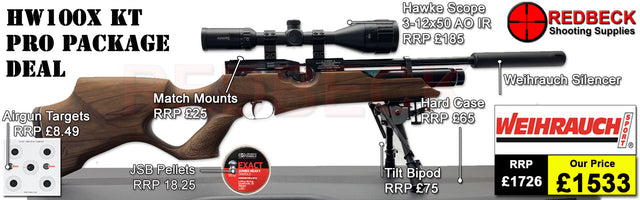 Weihrauch HW100X KT Walnut Bag Package includes

Fully tested certificated quality rifle.

Manufacturers Guarantee
Weihrauch HW100X KT Walnut
Weihrauch Silencer&nbsp;
Hawke 3-12x50 AO IR Scope
Match Mounts
2 Magazines
Fill Valve
ABS Hard Case
Replacement Bipod Stud
Tilt Bipod