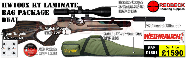 Weihrauch HW100X Laminate Adjustable Bag Package includes

A fully tested certificated quality rifle.
A detailed test certificate
Manufacturers Guarantee
Weihrauch HW 100 X Laminate
Hawke 3-12x50 AO IR Scope
Match Mounts
Buffalo River Gun bag
Pellets
Targets
2 magazines