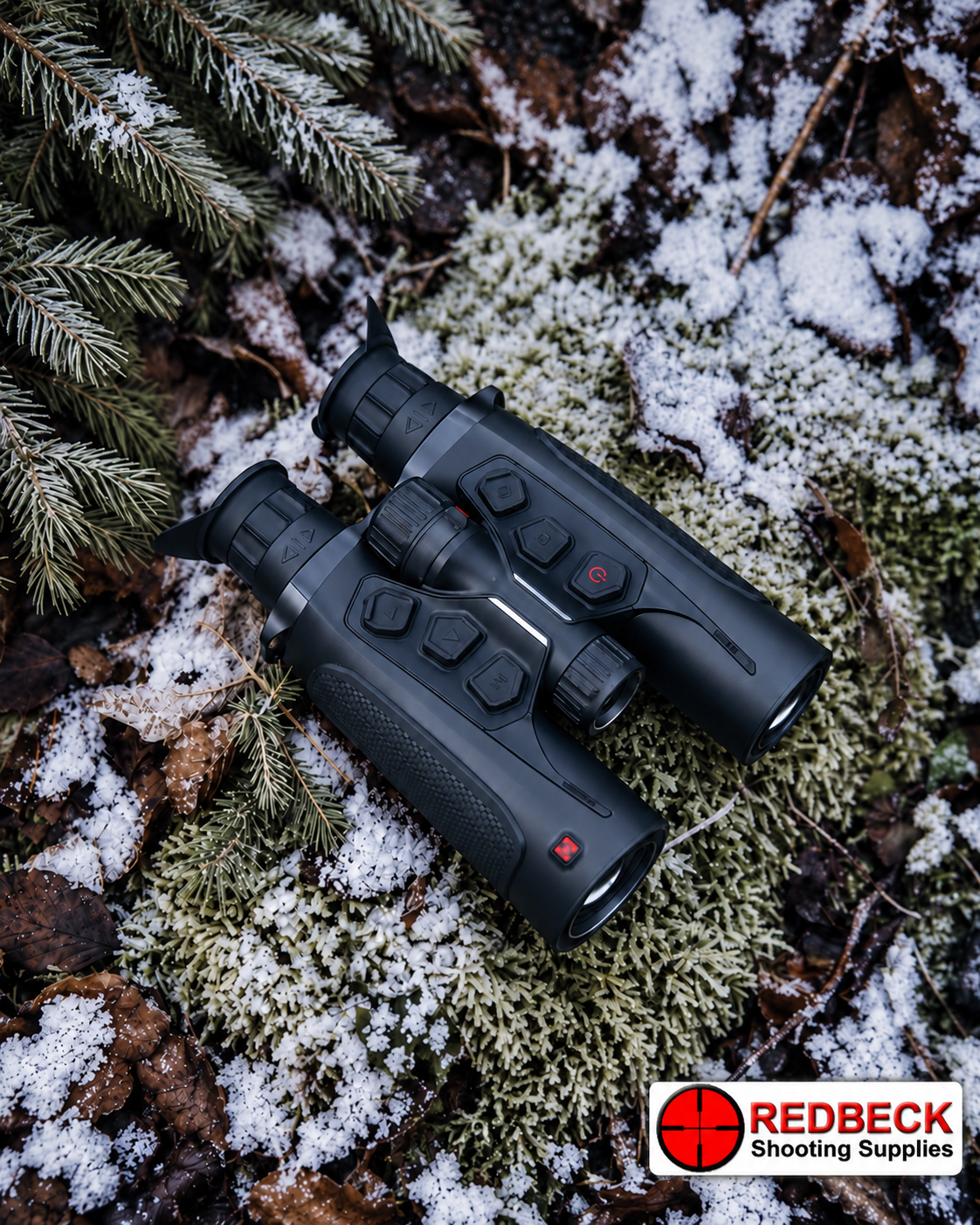 HIKMICRO HABROK 4K HH35L 2.0 day night and thermal binoculars in snowy woodland – Redbeck Shooting Supplies
