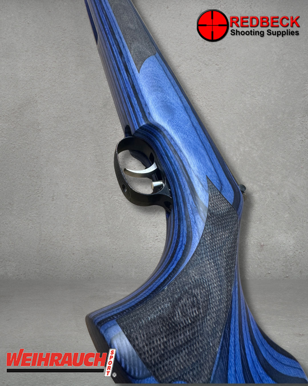 A close shot of the blue laminate air rifle stock that comes on the new limited edition weihrauch HW95K LE Airgun