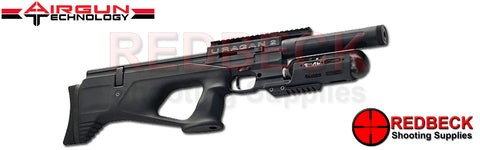 The AGT Uragan 2 Compact air rifle with synthetic black stock angled view.