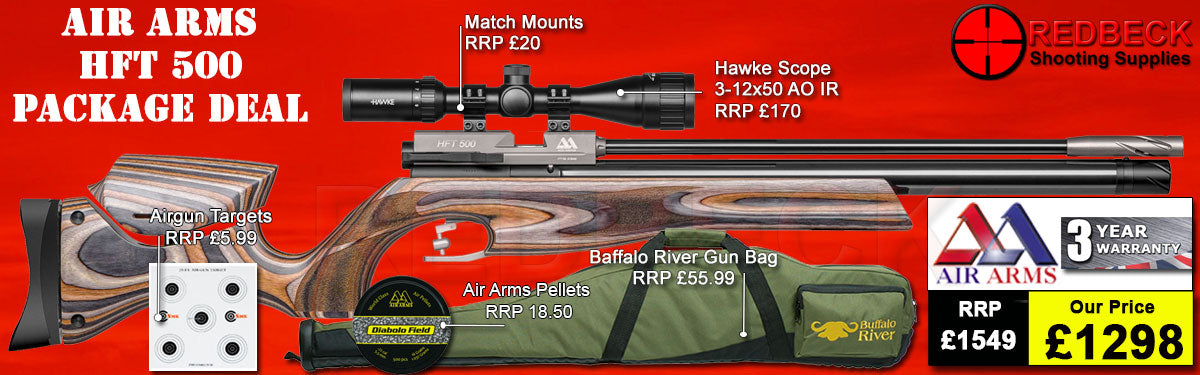 Air Arms HFT500 Target Rifle package deal includes Hawke scope 3-12x50AO IR, match mounts airgun bag and pellets.