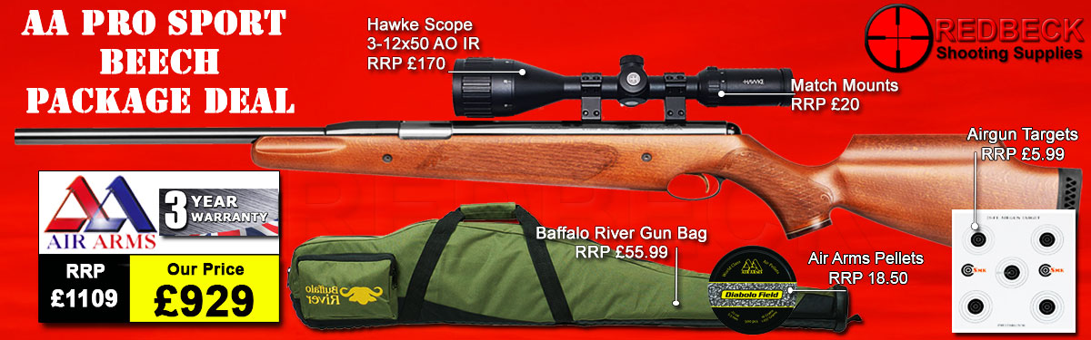 Air Arms Pro Sport with beech stock package deal includes a Air Arms Silencer, Hawke 3-12x50 AO IR Scope, Match Mounts, Fill Valve, Pellets, Targets and Air Rifle Bag.
