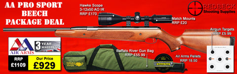 Air Arms Pro Sport with beech stock package deal includes a Air Arms Silencer, Hawke 3-12x50 AO IR Scope, Match Mounts, Fill Valve, Pellets, Targets and Air Rifle Bag.