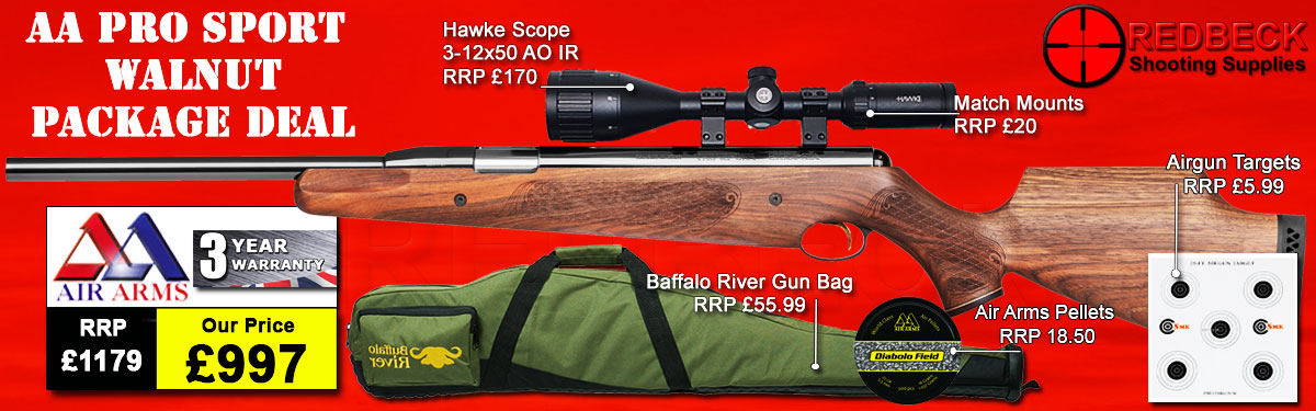 Air Arms Pro Sport Walnut stock package deal includes a Air Arms Silencer, Hawke 3-12x50 AO IR Scope, Match Mounts, Fill Valve, Pellets, Targets and Air Rifle Bag.