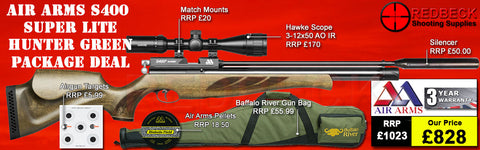 The Air Arms S400 Superlite Hunter Green Bag package deal. The deals includes a Air Arms Silencer, Hawke 3-12x50 AO IR Scope, Match Mounts, Fill Valve, Pellets, Targets and Air Rifle Bag.