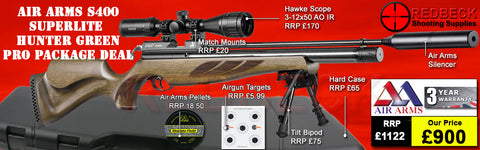 The Air Arms S400 Superlite Hunter Green professional package deals includes Air Arms Silencer, Hawke 3-12x50 AO IR Scope, Match Mounts, Hardcase, Bipod and Stud, Pellets and Targets.