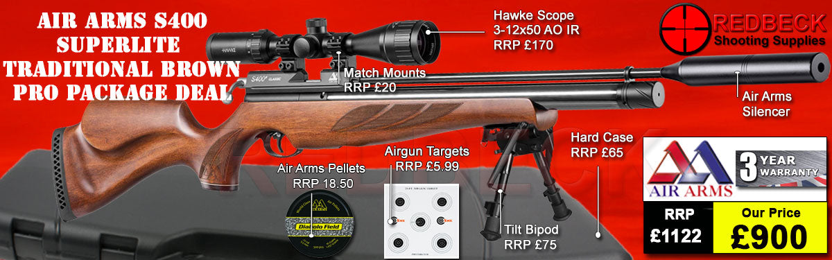 The Air Arms S400 Superlite Traditional Brown professional package deal is super light. The deal includes Air Arms Silencer, Hawke 3-12x50 AO IR Scope, Match Mounts, Hardcase, Bipod and Stud, Pellets and Targets.
