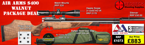 Air Arms S400 with walnut stock package deal includes a Air Arms Silencer, Hawke 3-12x50 AO IR Scope, Match Mounts, Fill Valve, Pellets, Targets and Air Rifle Bag.