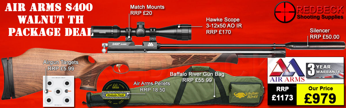 Air Arms S400 Walnut Thumb Hole package deal includes a Air Arms Silencer, Hawke 3-12x50 AO IR Scope, Match Mounts, Fill Valve, Pellets, Targets and Air Rifle Bag.