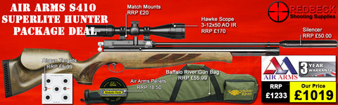 The Air Arms S410 Superlite Hunter Green Bag package deal includes s410 superlite in hunter green, hawke 2-12x50 ao ir scope, match mounts, air arms silencer, airgun bag, pellets and targets.