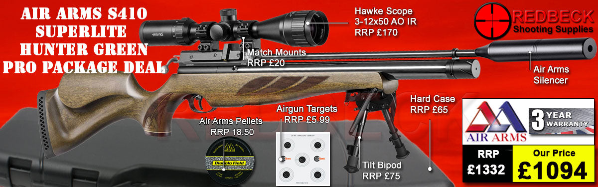 The Air Arms S410 Superlite Hunter Green professional package deals includes the super light S400 rifle, Air Arms Silencer, Hawke 3-12x50 AO IR Scope, Match Mounts, Hardcase, Bipod and Stud, Pellets and Targets.