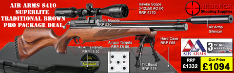 The Air Arms S410 Superlite Traditional Brown professional package deals includes the super light S400 rifle, Air Arms Silencer, Hawke 3-12x50 AO IR Scope, Match Mounts, Hardcase, Bipod and Stud, Pellets and Targets.