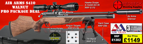 The Air Arms S410 Walnut professional package deals includes the S400 walnut rifle, Air Arms Silencer, Hawke 3-12x50 AO IR Scope, Match Mounts, Hardcase, Bipod and Stud, Pellets and Targets.