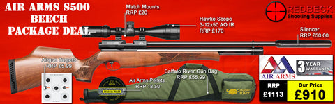 The Air Arms S500 Beech Bag package deal includes S500 with beech stock, hawke 2-12x50 ao ir scope, match mounts, air arms silencer, airgun bag, pellets and targets.